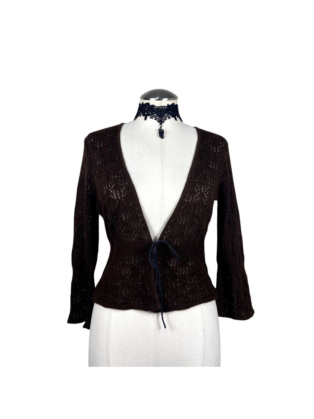 Vtg Y2K 90's Brown Knit Whimsigoth Flare Sleeve Cottage Core Coquette Cardigan S